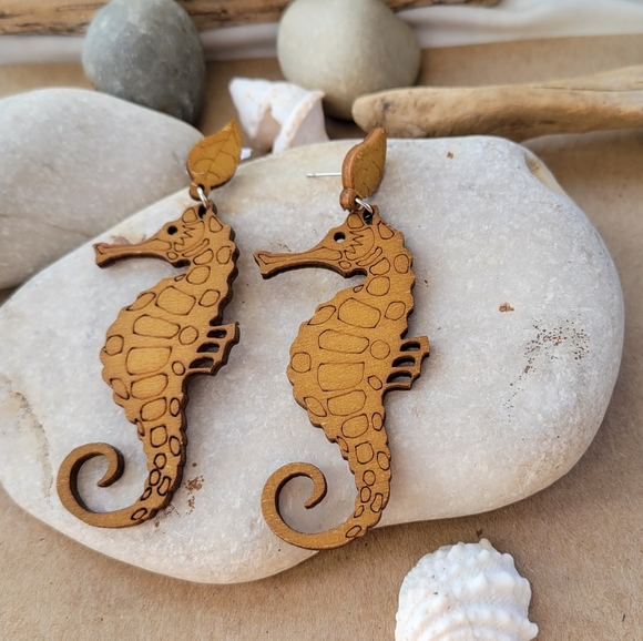 Handmade Seahorse Wooden Earrings - Picture 3 of 5